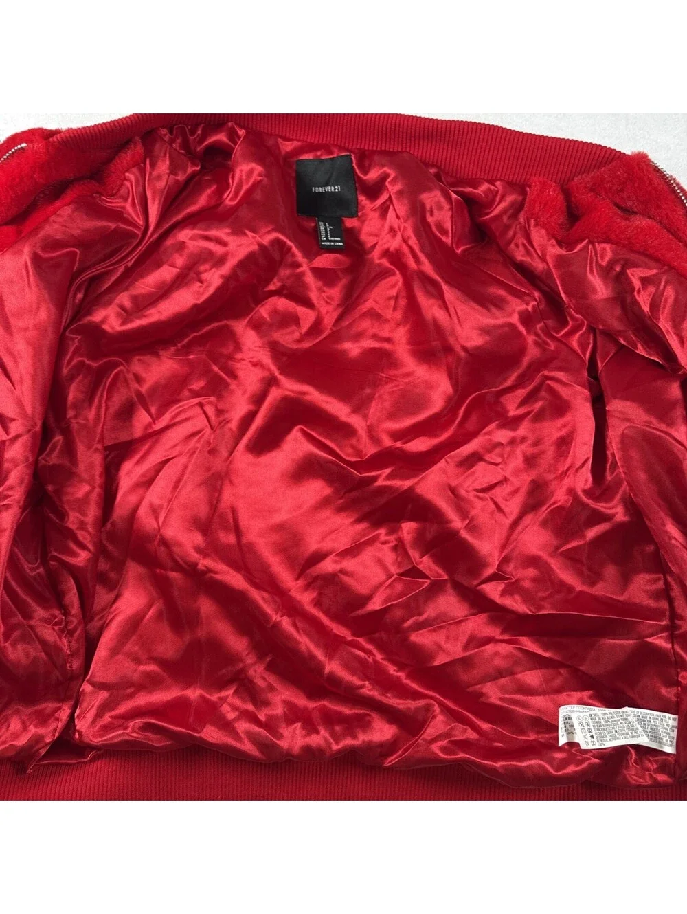 Forever 21 Faux Fur Bomber Jacket Full Zip Women's Red - Size L Pre Owned
